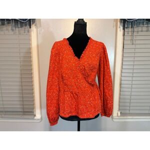 Orange Floral Wrap Blouse Cottagecore Boho Peplum Top Long Sleeve M